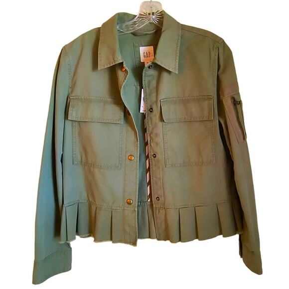 Gap Utility Jacket Women's Size XS  Green Frayed Pleated Peplum Hem Pockets Snap - Picture 1 of 15